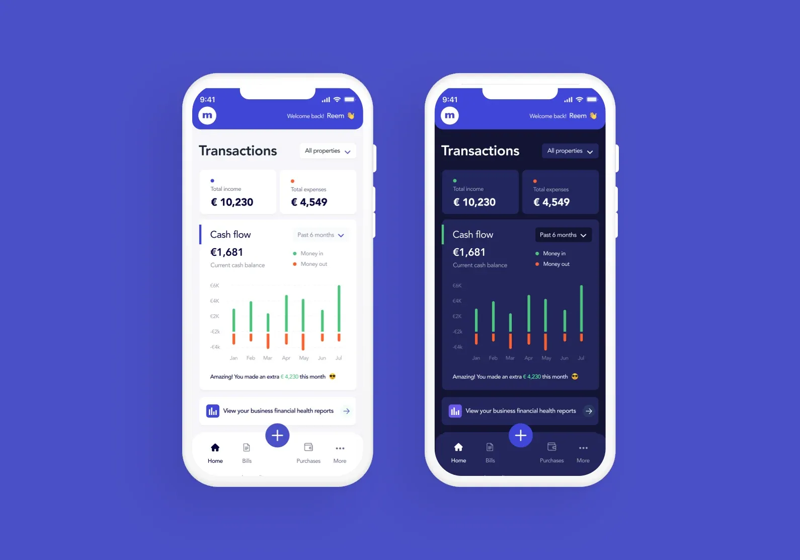 Two Moneyway phone screens, light and dark, showing transactions and a cash-flow bar chart.