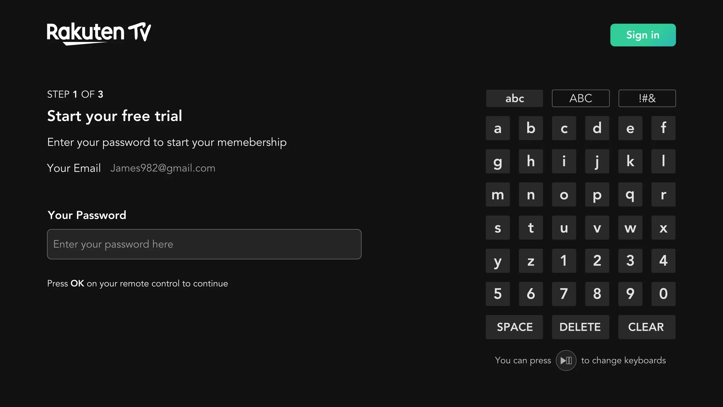 The redesigned keyboard: keys grouped in a compact block on the right, with text labels for Space, Delete and Clear, beside the password field.