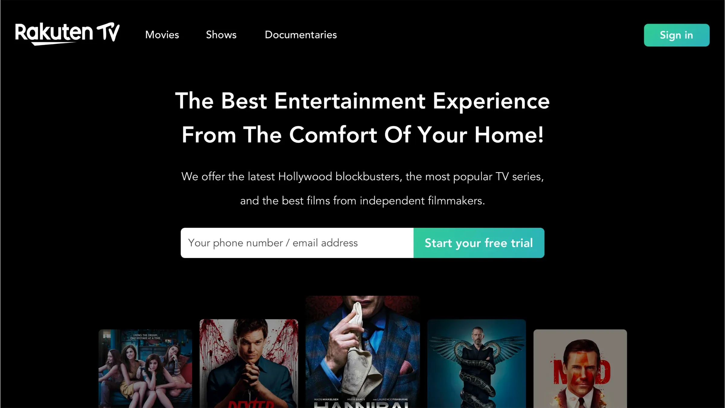 Redesigned Rakuten TV landing page: a single headline, one phone-or-email field with a 'Start your free trial' button, and a row of titles below.