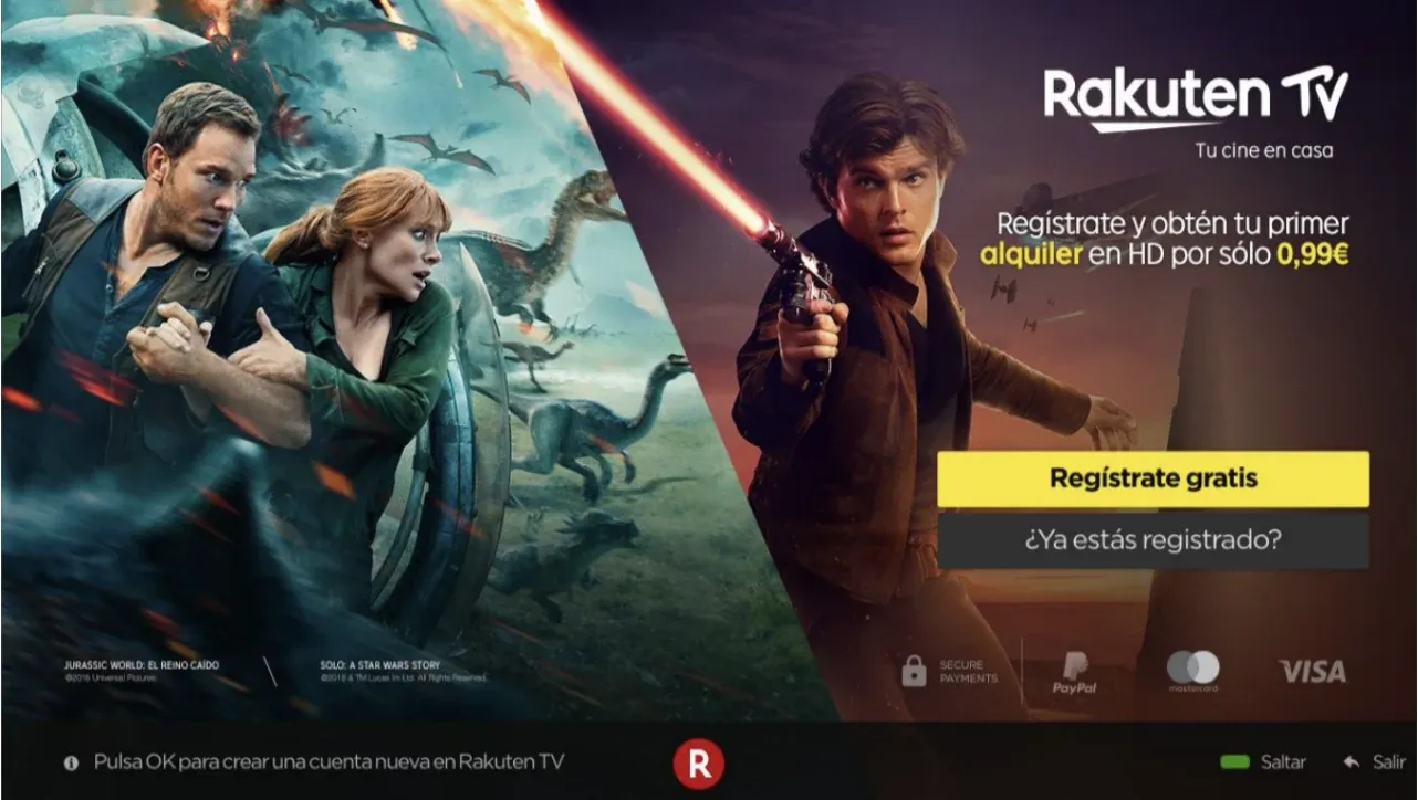 The existing Rakuten TV landing page: film artwork, a registration offer, two buttons and payment logos competing on one screen.