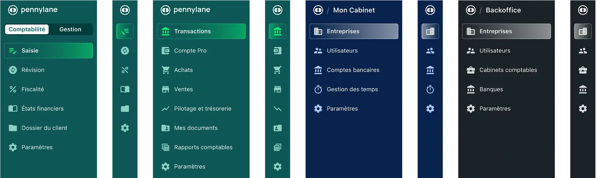 Four versions of the redesigned Pennylane sidebar, each shown expanded and collapsed: accounting (Saisie, Révision, Fiscalité, États financiers), SME (Transactions, Achats, Ventes, Pilotage et trésorerie), accounting firm (Mon Cabinet) and back office.