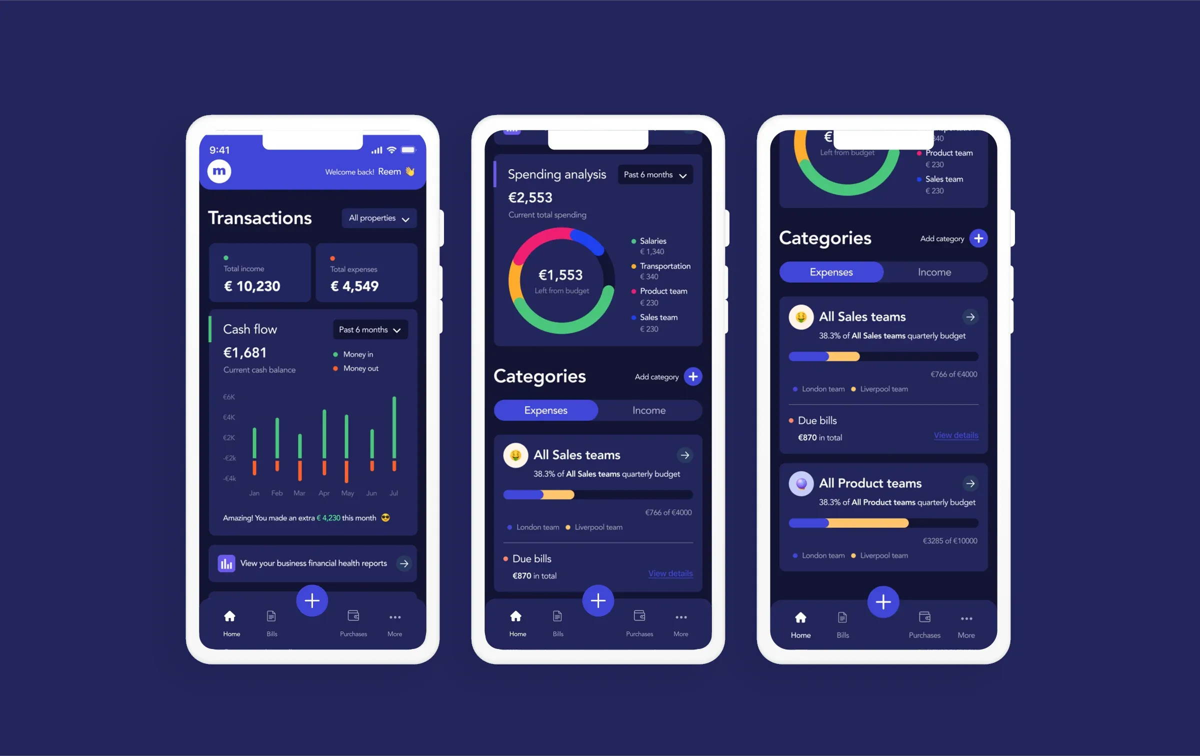 Moneyway final UI in dark mode: transactions, spending analysis and categories.