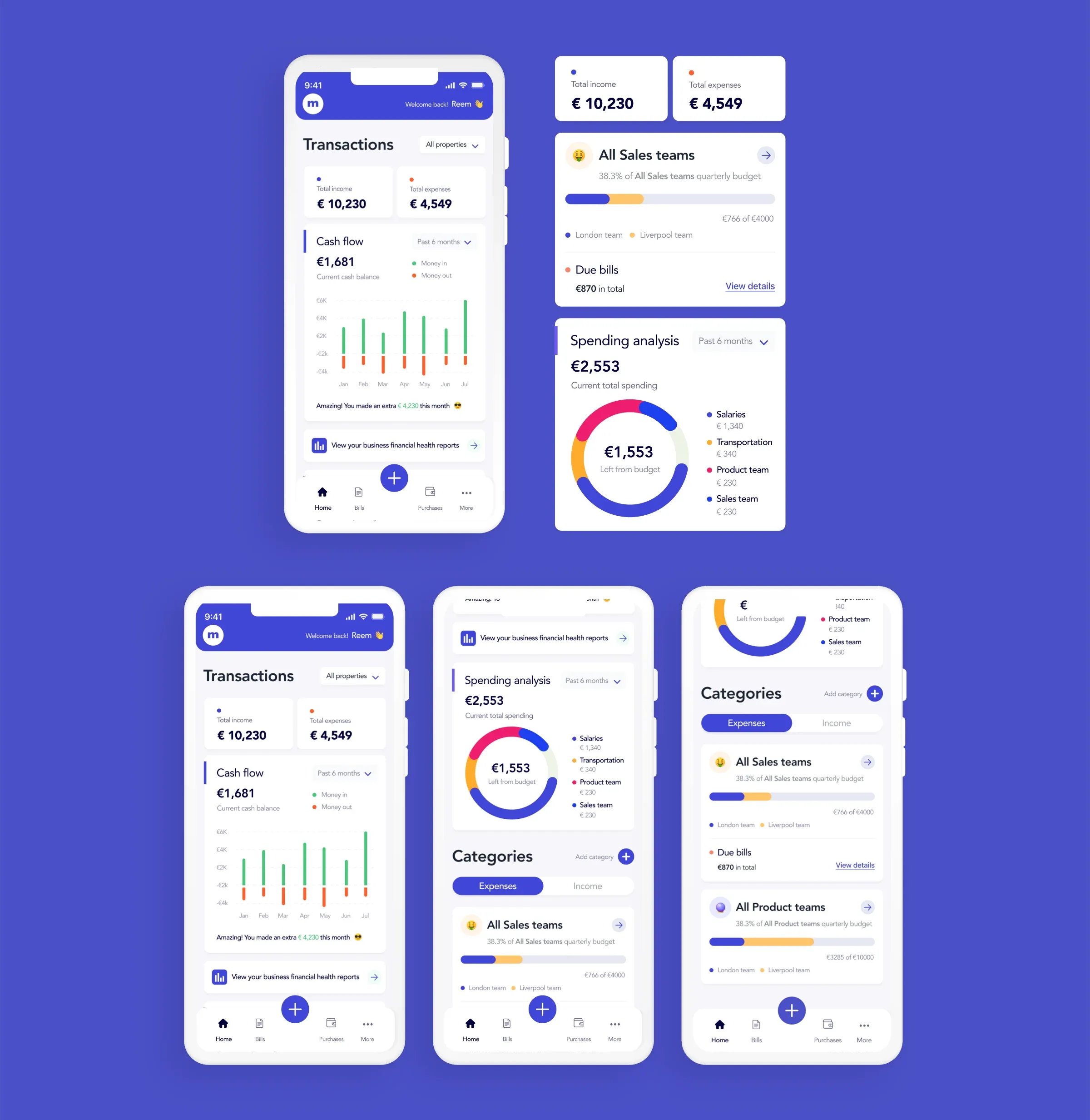 Moneyway final UI: a set of light-mode screens for transactions, spending analysis, budget categories and reports on a blue background.