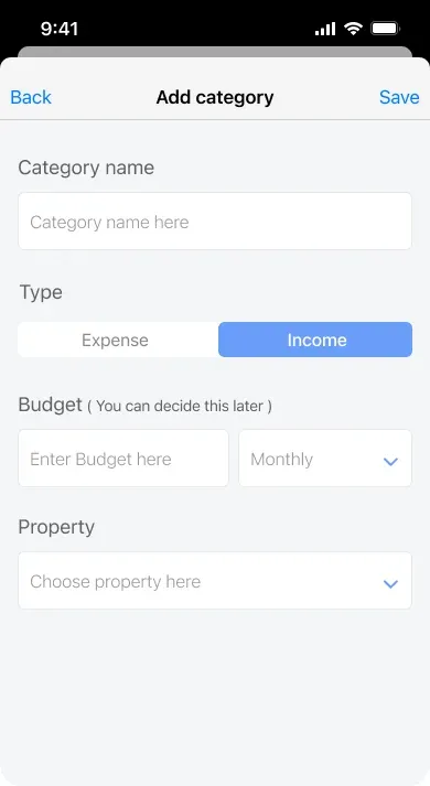 Wireframe: add category form with name, expense or income type, budget and property fields.