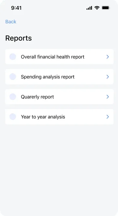 Wireframe: reports list with overall financial health, spending analysis, quarterly and year-to-year reports.