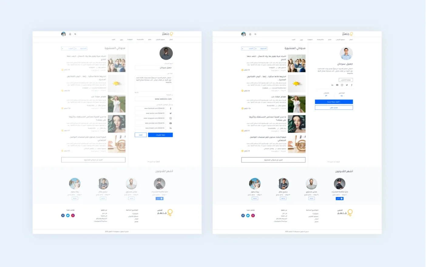 Two versions of a writer's profile page: published articles in a list with sorting and filtering, profile details and a new-article entry point.